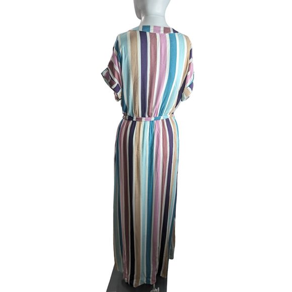 Orange Creek Pastel Color Striped Buttoned Front tie waist maxi dress lined sz S - Picture 5 of 10